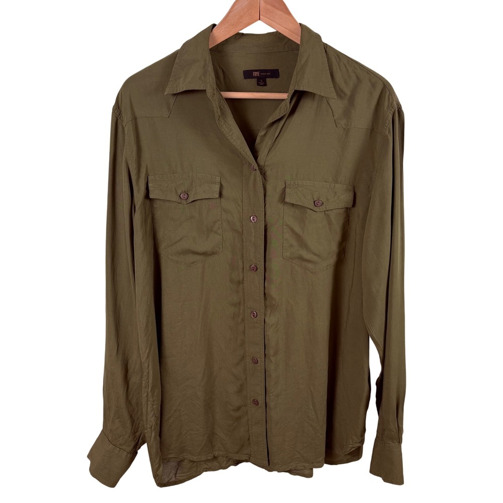 Frye Women's Lg Western Yoke Button-Up Shirt Olive‎ Green Rayon Utility Blouse